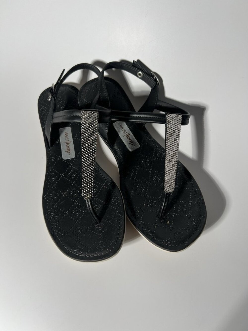 West Loop Rhinestone T-Strap Thong Sandals Black Women’s Size 6